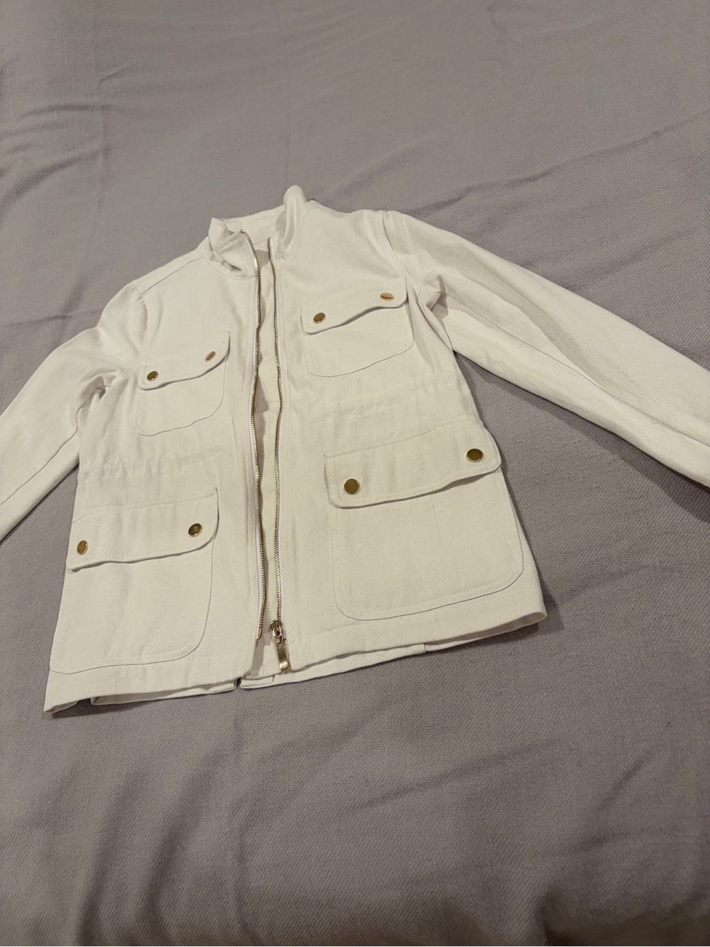 Duffield Lane White Denim Utility Field Jacket with Gold Hardware
